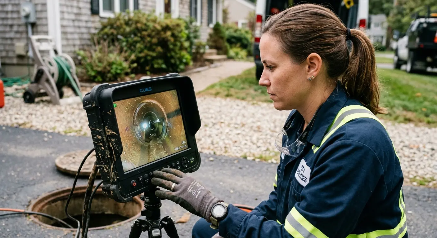 Technician reviewing sewer camera inspection footage in Cherry Hill