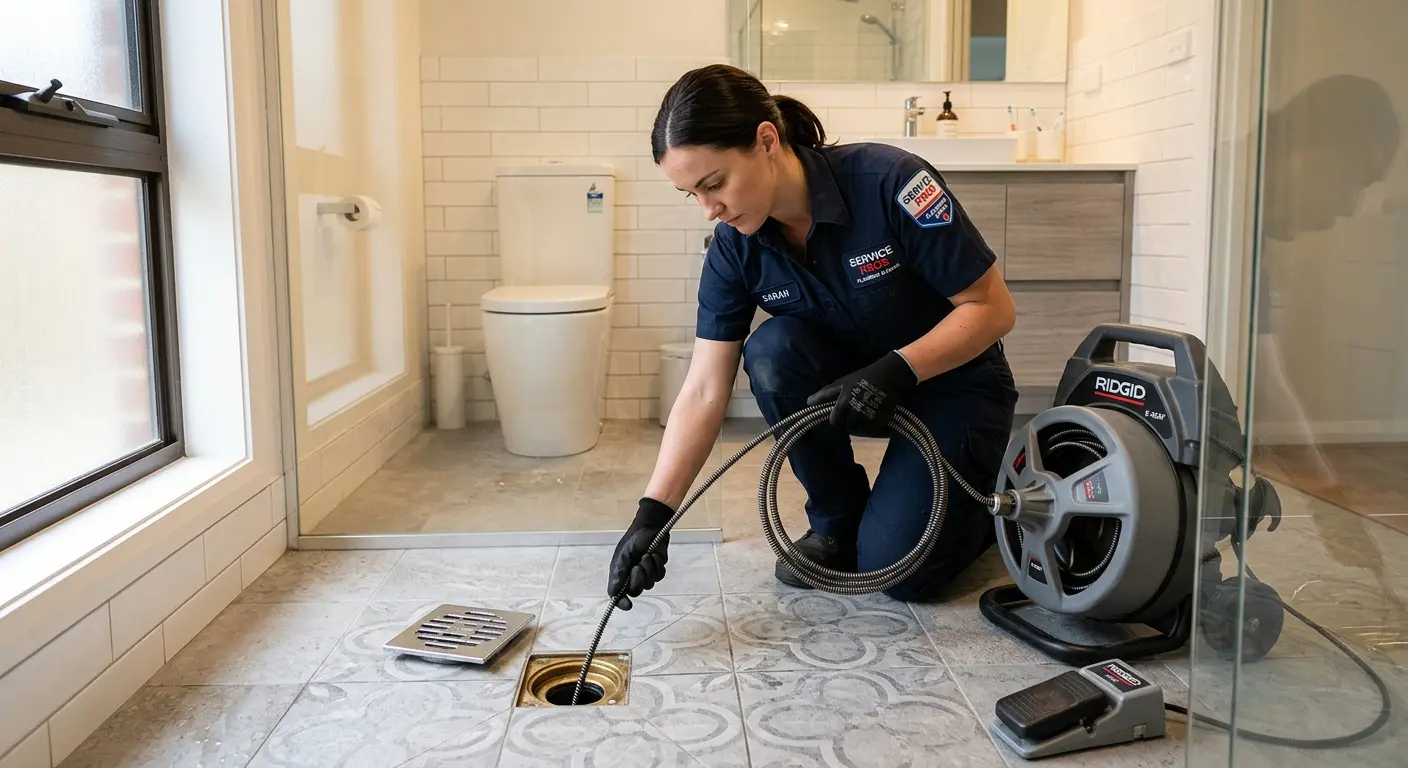 Technician clearing a bathroom floor drain for Drain Cleaning in Cherry Hill